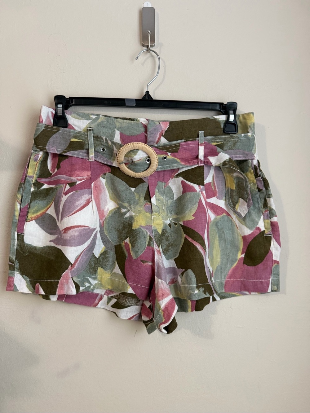 Tahari Olive & Pink Floral Belted Shorts